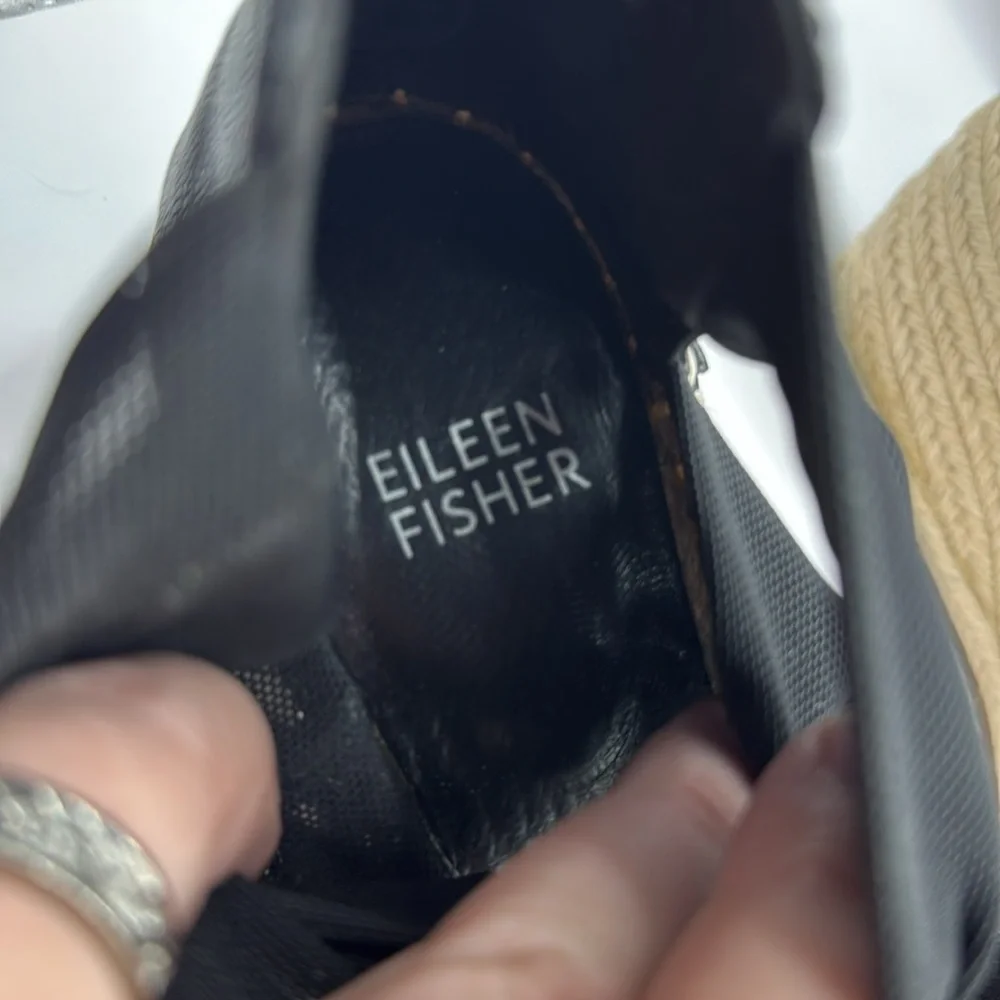 NWOB Eileen Fisher Wiley Black Leather Espadrille Wedge Sandals Size 7